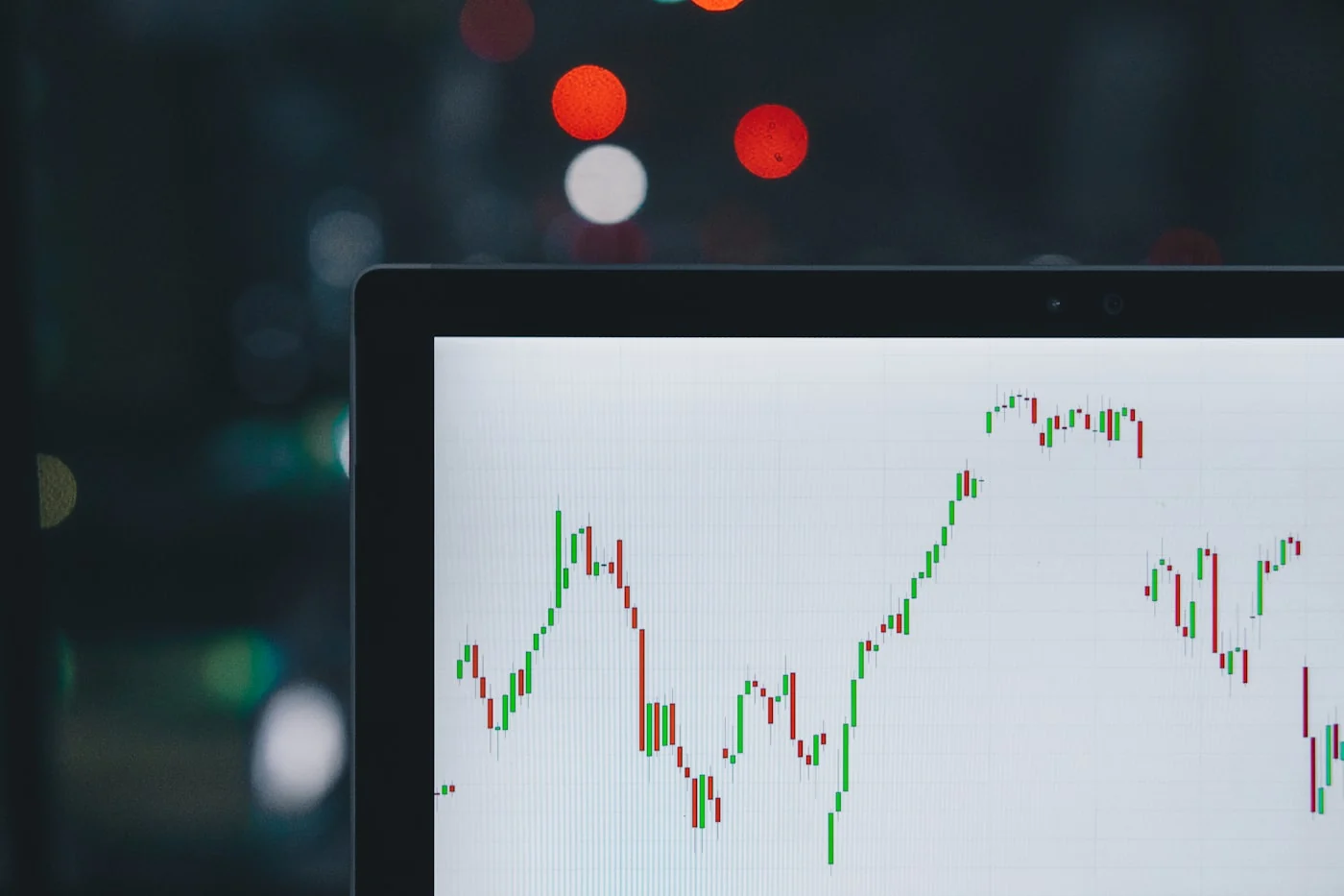 Candlestick trading chart on a trading desk monitor